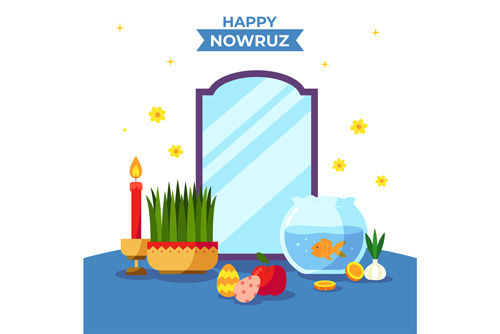 وکتور EPS و Ai لایه باز سفره هفت سین شامل آینه و سبزه و تخم مرغ رنگی و شمع و سکه و سیر و ماهی ویژه عید نوروز